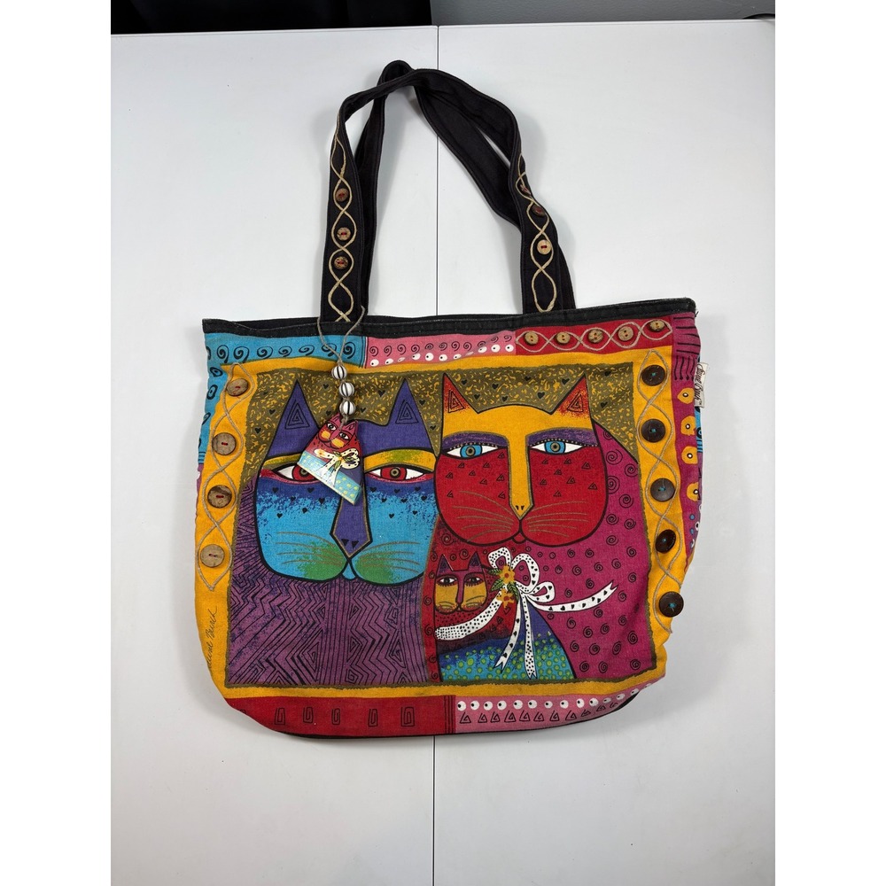 Laurel Burch Fantastic Felines Canvas Tote Bag Colorful Cat Art Shoulder Bag